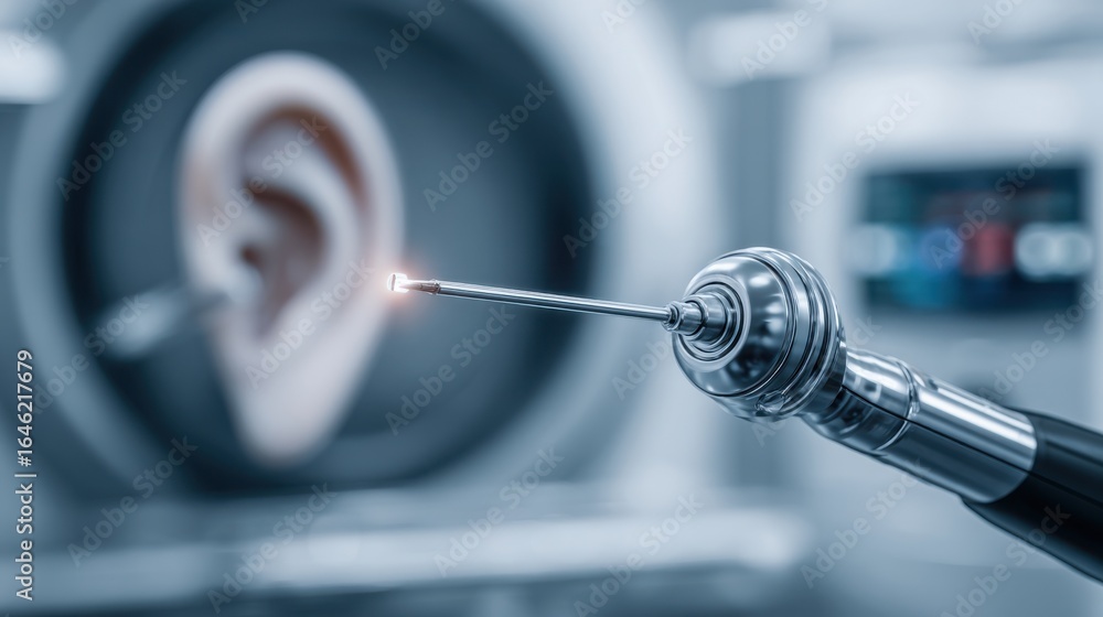 Poster focused medium shot of a modern ear imaging device poised near an ear highlighting the probes precis