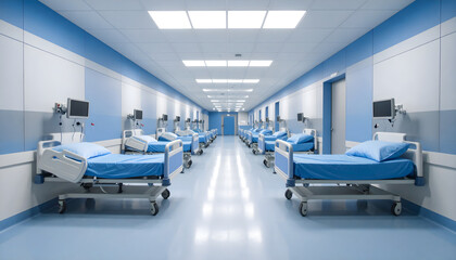 Clean and Modern Hospital Ward Interior Featuring Rows of Empty Beds with Blue Bedding and Wall Mounted Monitors