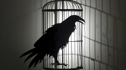 Fototapeta premium Raven silhouette trapped in a vintage birdcage creating a mysterious and dramatic scene perfect for gothic themes or Halloween designs