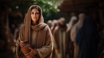 Mary walks calmly through Nazareth’s bustling market street, her presence blending grace and quiet strength in daily life. biblical story