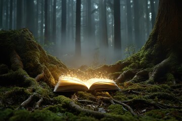Open book emitting light in a misty forest surrounded by mossy roots and tall trees view. Enchanted forest with glowing book. Mystical woodland scene with magical light