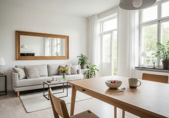 Bright living and dining area with modern furniture and large mirror