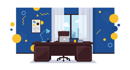Fototapeta premium Stylized vector illustration of an executive office with city view backdrop
