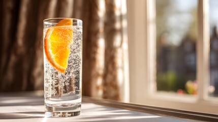 Refreshing drink with an orange slice.