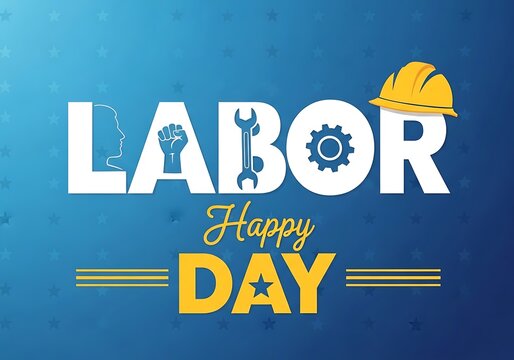 Happy labor day greeting with worker symbols and blue background