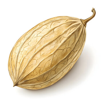 A single dried pointed gourd placed on a white background, ideal for culinary, herbal,