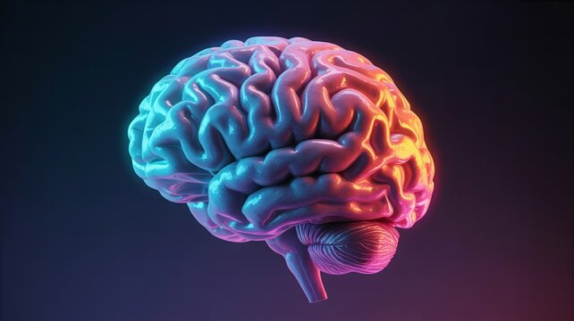Vibrant 3D brain with colorful neon lights, representing intelligence, creativity, and innovative thinking for medical and technology concepts