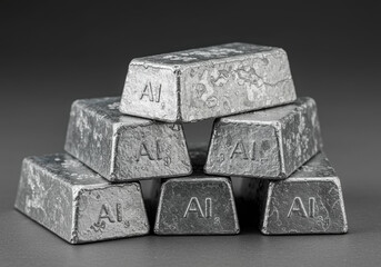 Element Aluminum (Al) An ultra-detailed photograph of several small, high-purity aluminum ingots