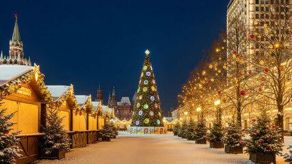A festive christmas market glows with illuminated trees and stalls on a snowy evening in moscows red square, creating a magical holiday atmosphere - Powered by Adobe