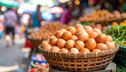 Fresh eggs in a woven basket at a bustling market