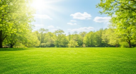 Fototapeta premium Vibrant green lawn in a park with lush trees and a bright blue sky, showcasing a beautiful sunny day