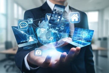 Innovative technology and digital communication concepts represented through holographic projections in a business environment