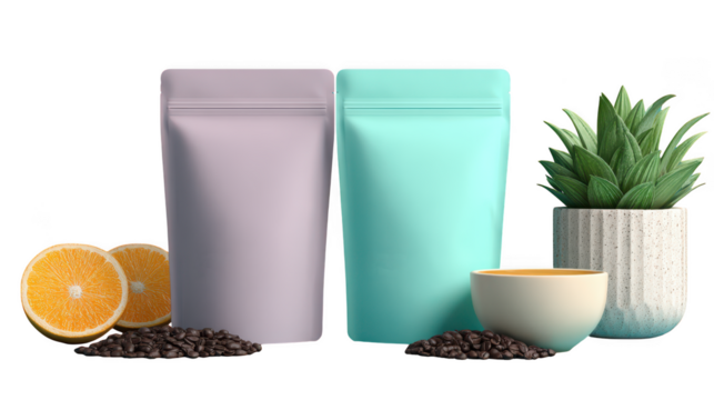 Two blank pouches, one lilac and one teal, with coffee beans, orange slices, and a potted plant, isolated on transparent background