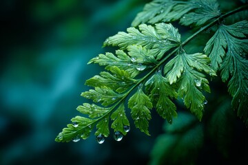 Fototapeta premium A serene close-up macro shot of a delicate dew-covered fern leaf. The photo highlights the intricate details of nature, freshness, and the peaceful beauty of a forest environment.