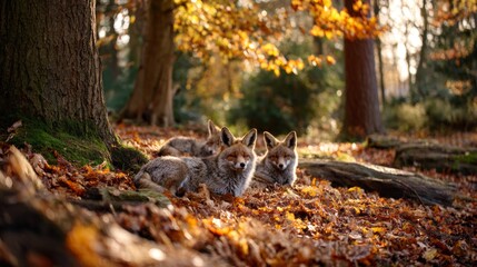 Obraz premium Beautiful fox family with cubs resting peacefully in autumn woodland. Wild foxes surrounded by golden fall foliage and moss-covered trees in natural habitat.