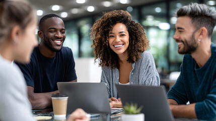 A diverse group of young colleagues—two men and a woman—are smiling and collaborating at a table with laptops. The photo conveys a positive and productive team environment in a modern office.