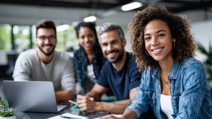 Obraz premium Smiling mixed-race female professional with curly hair in focus while diverse team collaborates in background. Leadership, teamwork and workplace diversity concept.