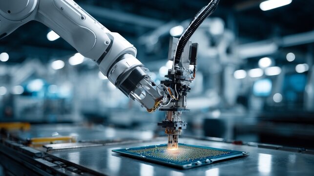 Close-up of robotic arm assembling a microchip in a modern high-tech manufacturing facility.
