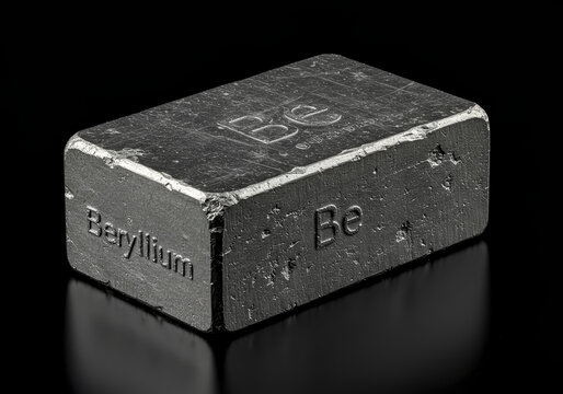Element Beryllium (Be) A highly detailed studio photo of a small, machined ingot of pure beryllium