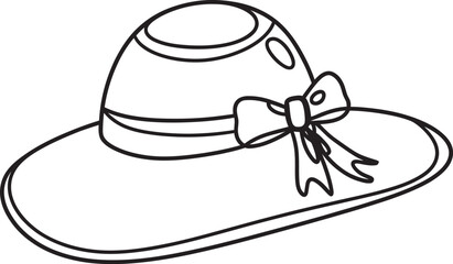 A Simple Wide-Brim Hat Illustration with Decorative Ribbon, hand drawn vector illustration, Minimalist Line Art of Stylish Hat with Large Brim and Bow Detail