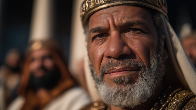 King Solomon&rsquo;s golden throne room shines as he, a wise Middle Eastern ruler with olive skin, receives foreign envoys bearing gifts in a grand audience.biblical story․.
