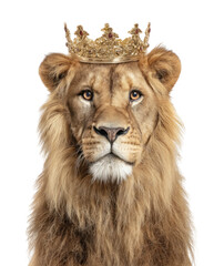 Fototapeta premium A half-body lion wearing a golden royal crown isolated