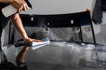 Spraying and wiping windshield before installation. Proper degreasing and removing all oils and...