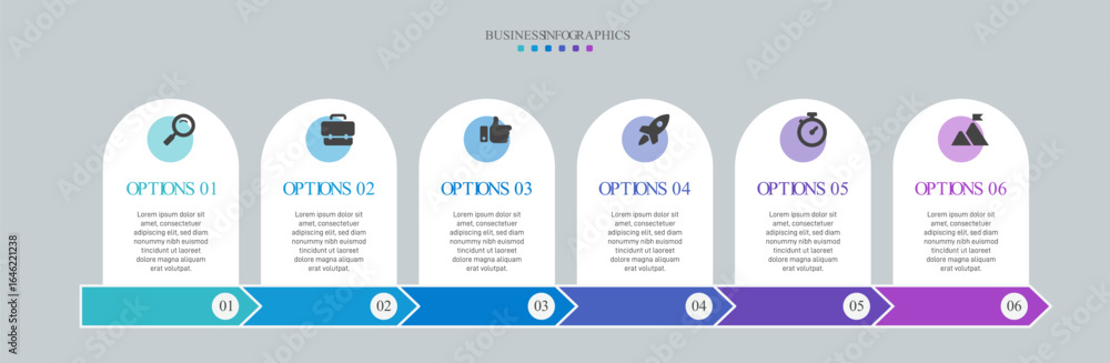 Poster progress bar featuring 6 arrow-shaped elements, symbolizing the six stages of business strategy and 