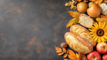 Autumn still life featuring bread, apples, pears, sunflower, walnuts and fall leaves.
