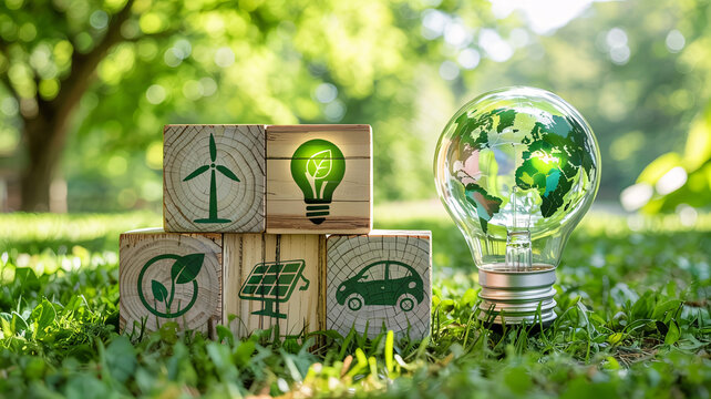 Innovative green energy solutions illuminate a sustainable future with earth-friendly icons.