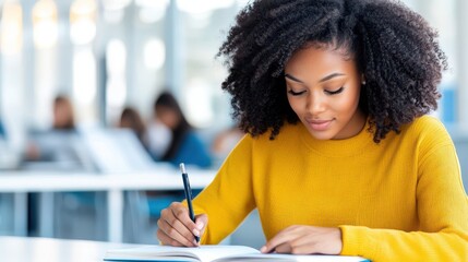 A beautiful black woman is focused on writing in a notebook, possibly in a classroom setting.
