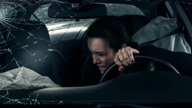 Woman driver in a car crash with deployed airbag and cracked windshield showing fear and impact footage.