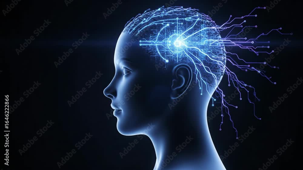 Poster digital mind: female profile with network connections - a profile view of a female head with digital