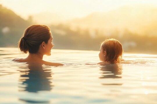 Calm pool swimming lesson with mother and daughter