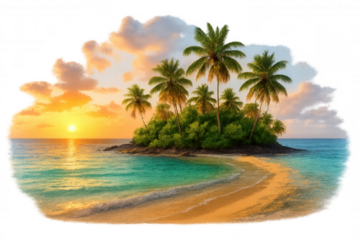 Warm golden sunset glowing over serene tropical landscape, palm trees silhouetted against luminous sky, pristine beach stretching toward horizon