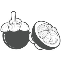Vector Illustration of Whole and Half Mangosteen in Black and White