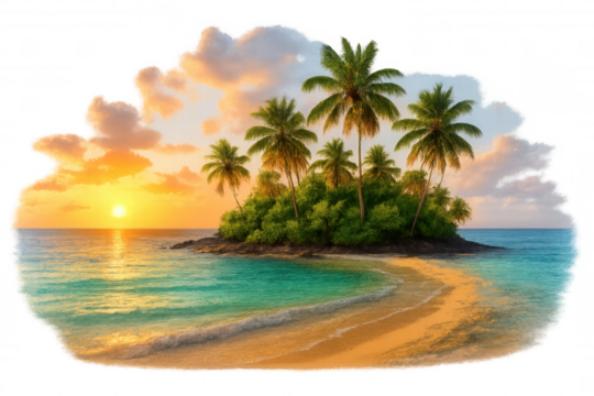 Warm golden sunset glowing over serene tropical landscape, palm trees silhouetted against luminous sky, pristine beach stretching toward horizon