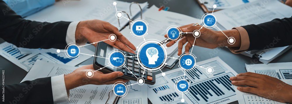 Poster a business team collaborates during a meeting focused on implementing artificial intelligence, utili