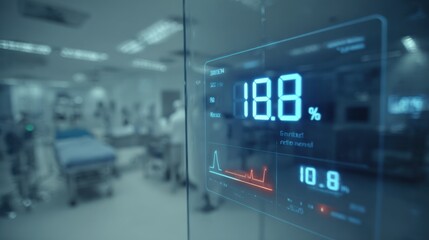 Detailed medium shot of a futuristic medical dashboard with inflamed nutrition score visuals in focus forecasting bone marrow disorder outcomes contrasted by a softly blurred