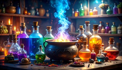 Mystical alchemy lab with colorful potions