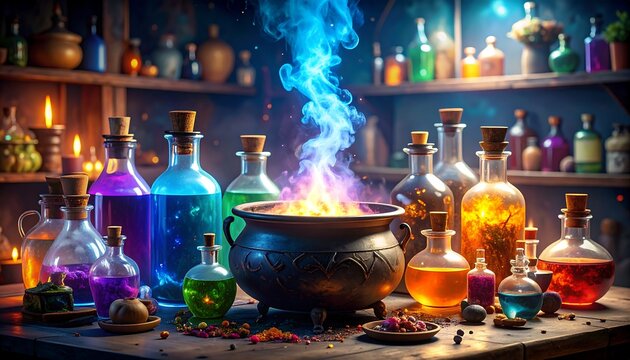 Mystical alchemy lab with colorful potions - Powered by Adobe