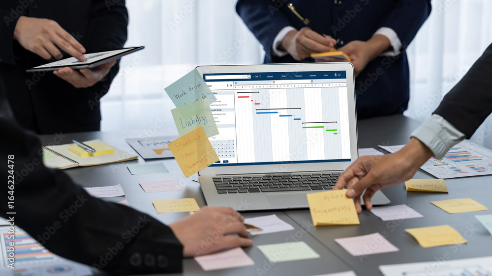 Poster analyst team use sticky note for creative and analytic brainstorm for business idea with bi data das
