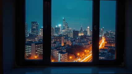 View from the window to the city lights, urban space, night buildings
