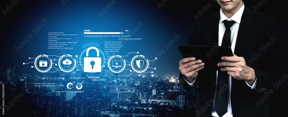Poster cyber security protects against breaches, hacks, and network attacks using strong infrastructure and