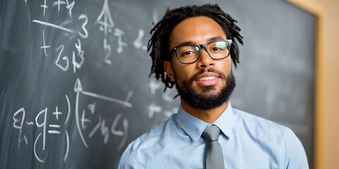 young man teacher in front of mathematics equations and calculations on chalkboard thinking about something - Powered by Adobe