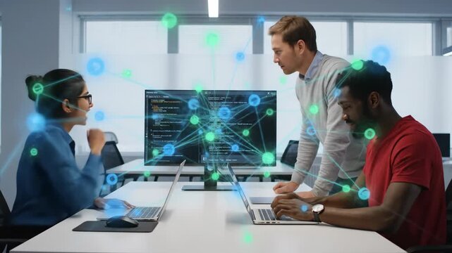 Collaborative Software Development Team - A diverse team of programmers works collaboratively on a complex project, using laptops and a large monitor displaying lines of code.