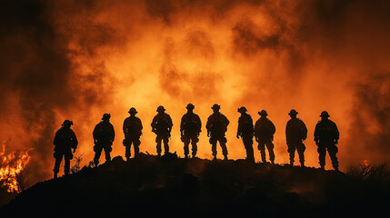 Silhouetted firefighters standing together against a massive blazing inferno at night