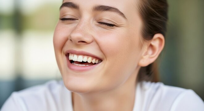 Pure Joy Expressed: A young woman closes her eyes in delight, her face alight with an infectious smile, her teeth visible in a moment of uninhibited laughter.