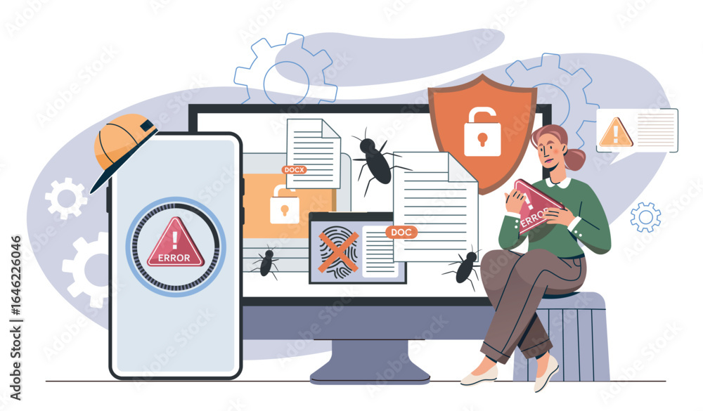 Aufkleber cybersecurity bug and error detection concept. vector illustration