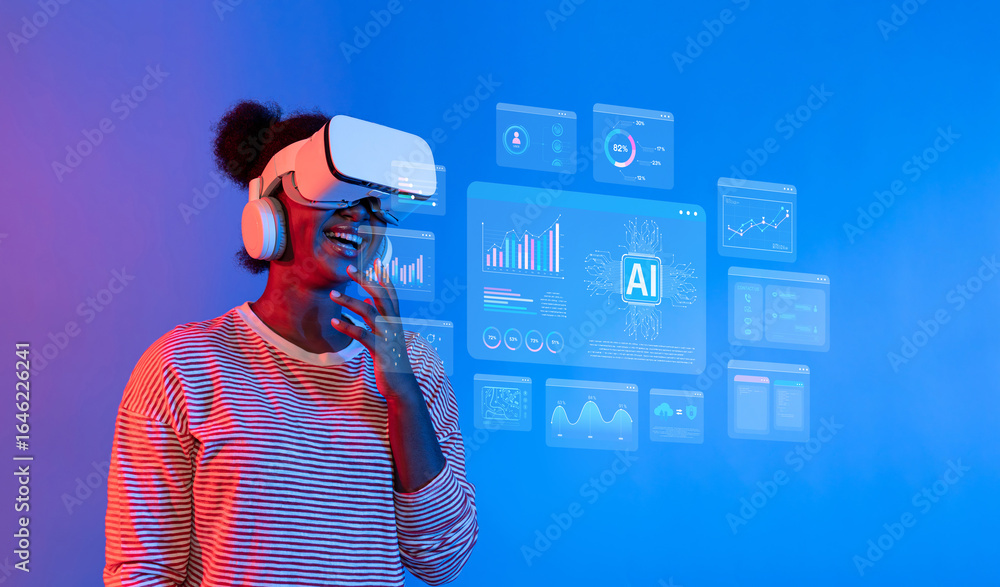 Poster a joyful user engages with virtual reality while experiencing advanced artificial intelligence tools